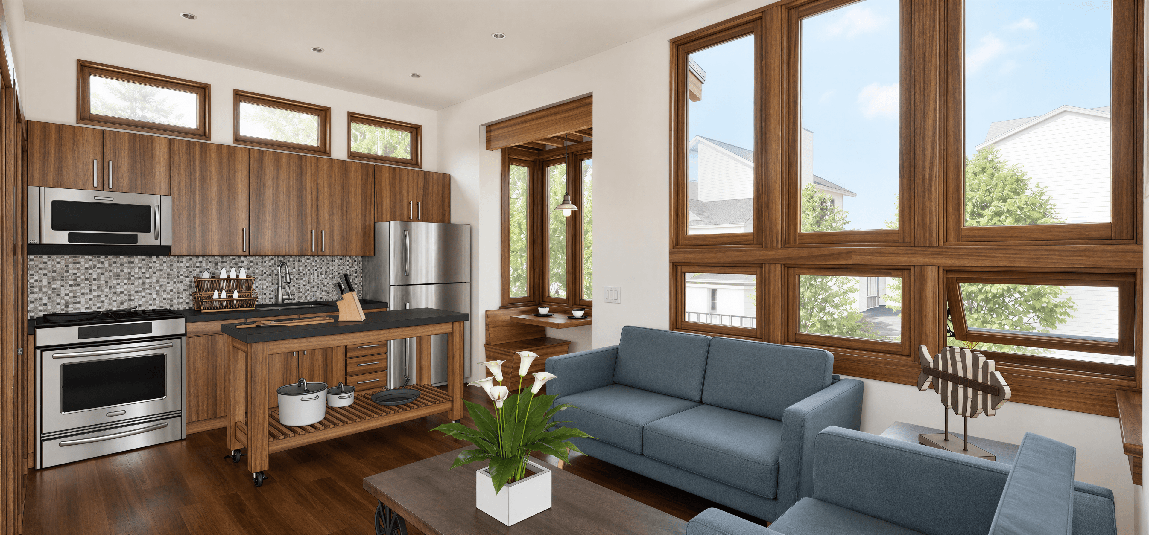 Photorealistic industrial loft interior render with exposed brick and tall windows