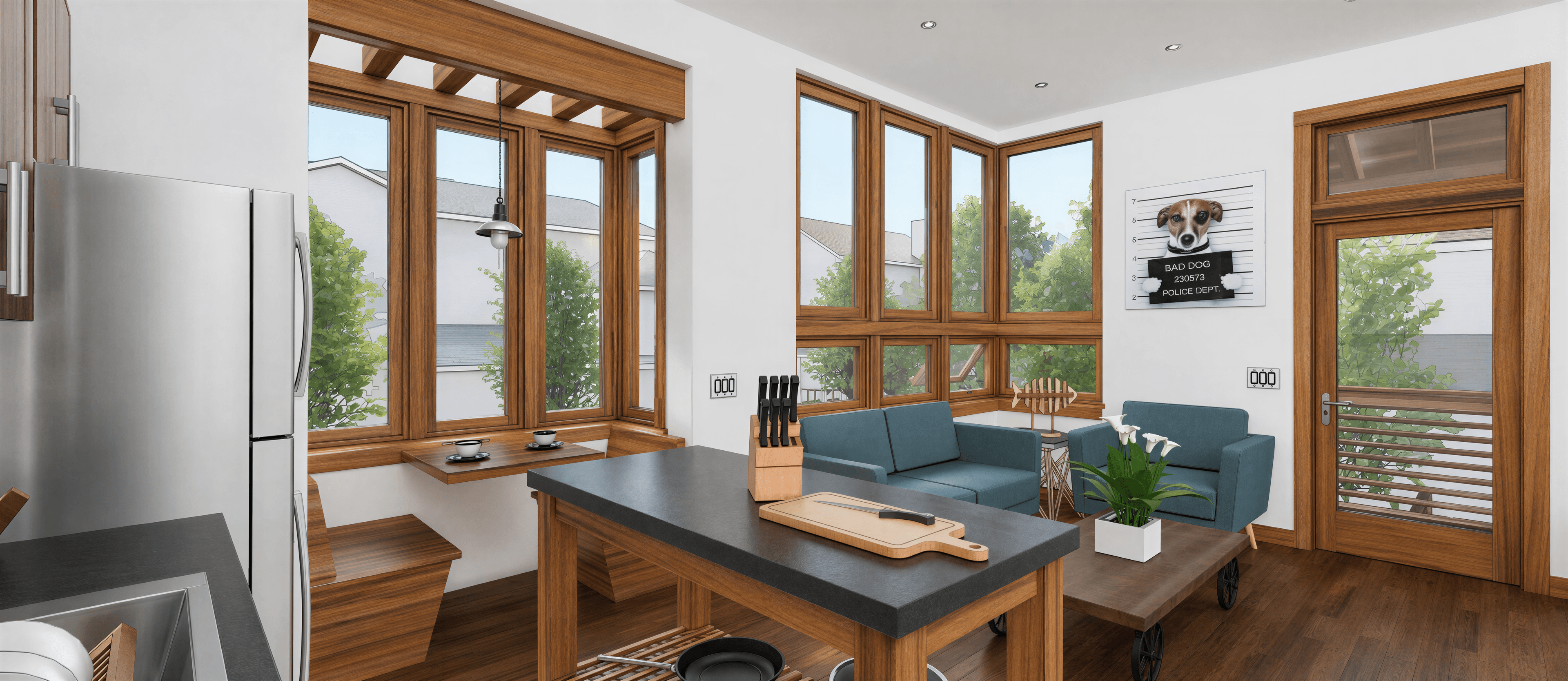Photorealistic Japandi interior render with low furniture and warm natural light