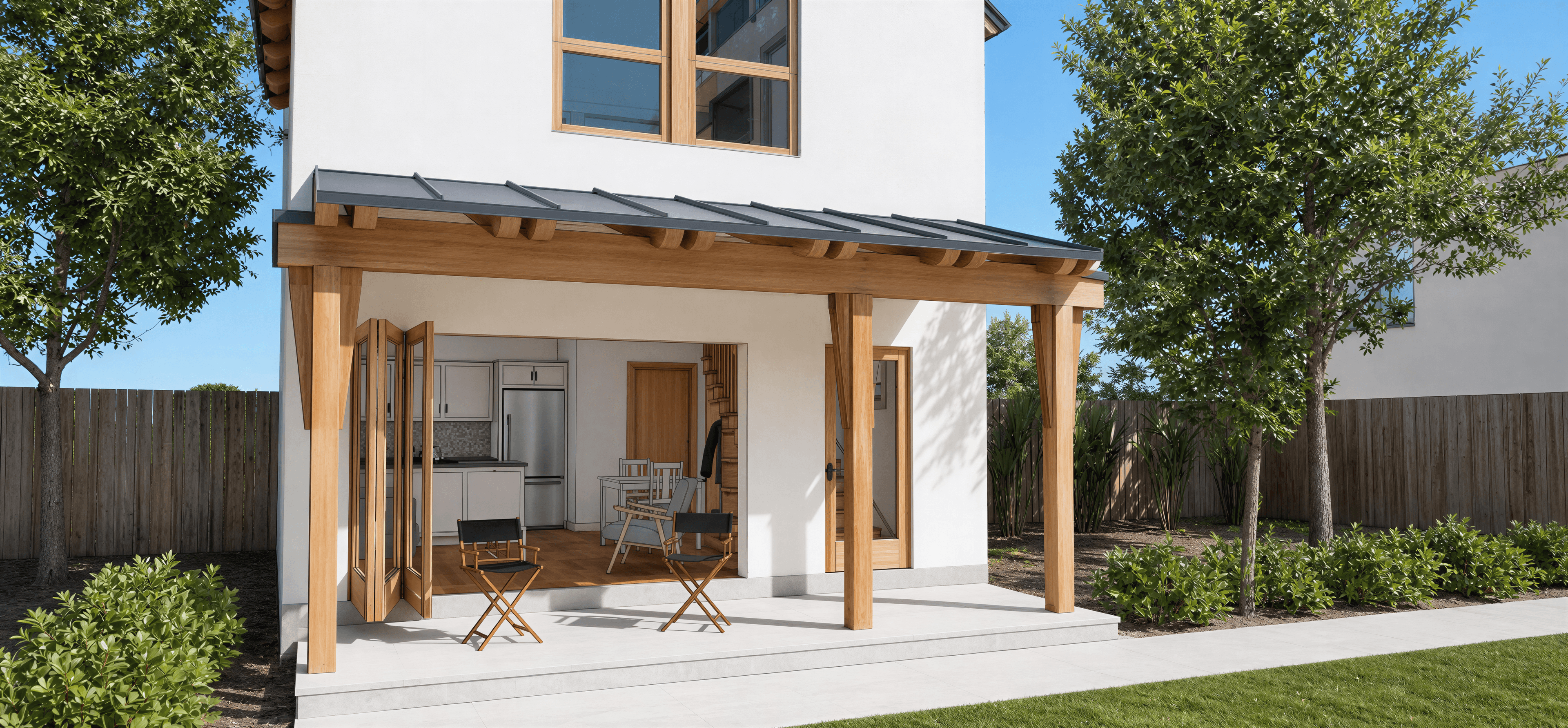 Photorealistic exterior render in bright midday sun with short hard-edged shadows