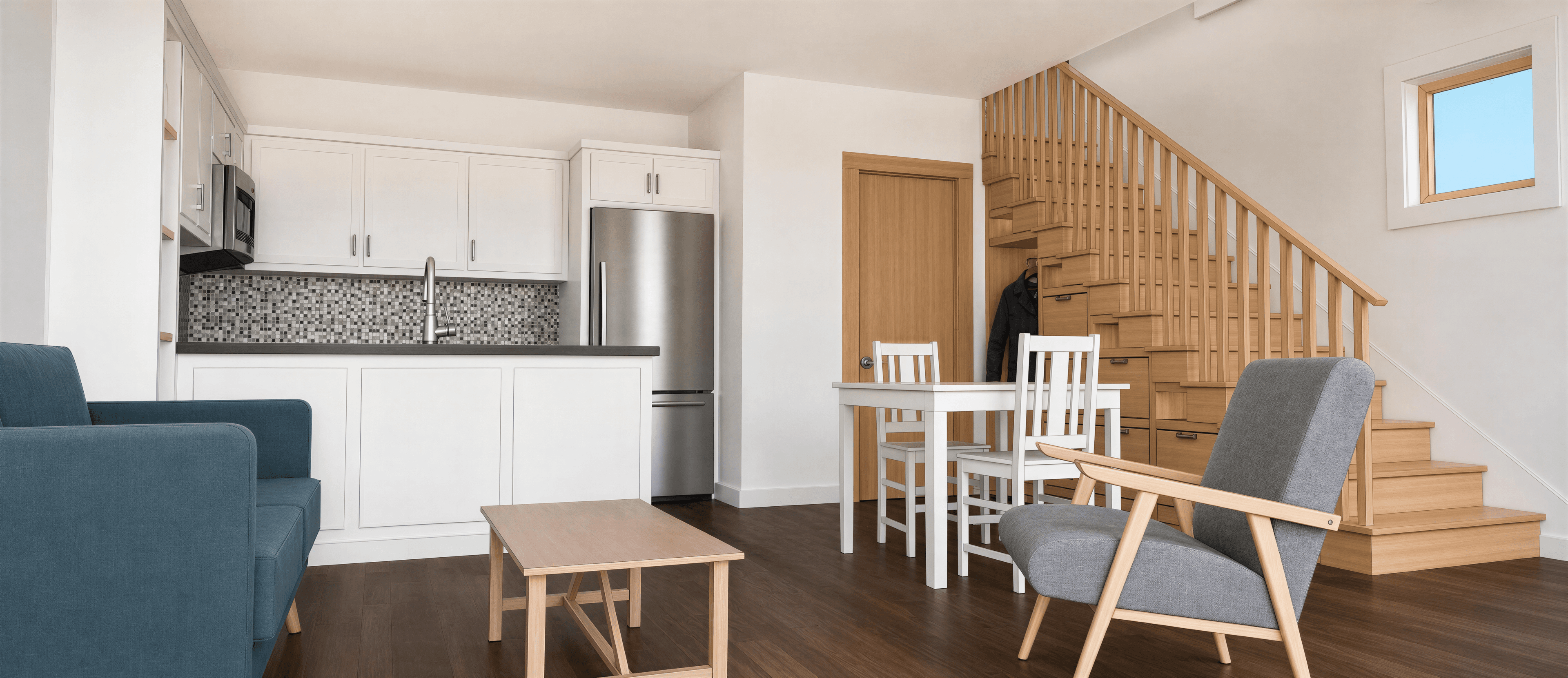 Photorealistic mid-century modern interior render with walnut furniture and brass accents