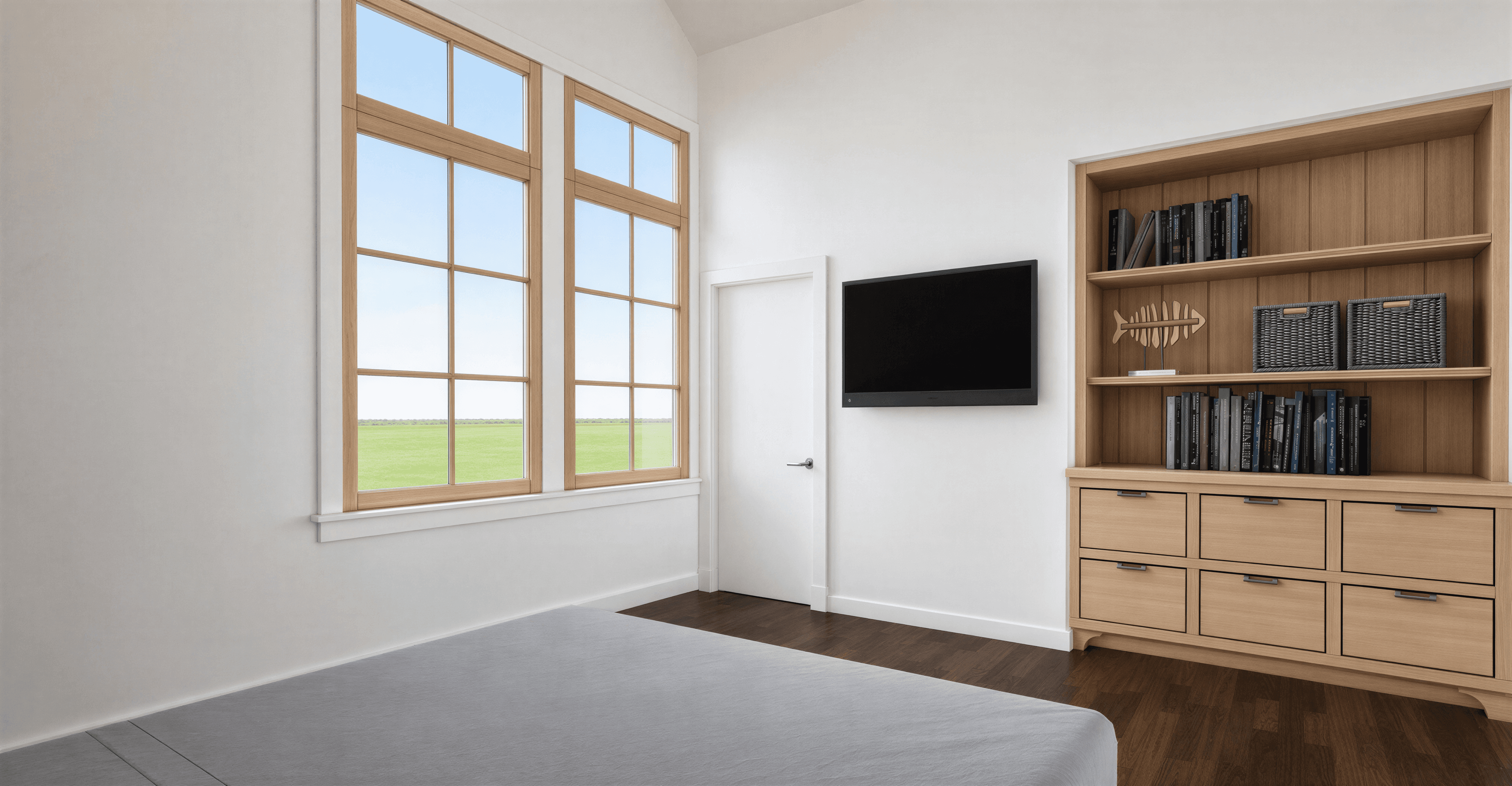 Photorealistic Scandinavian interior render with light oak floors and soft natural light