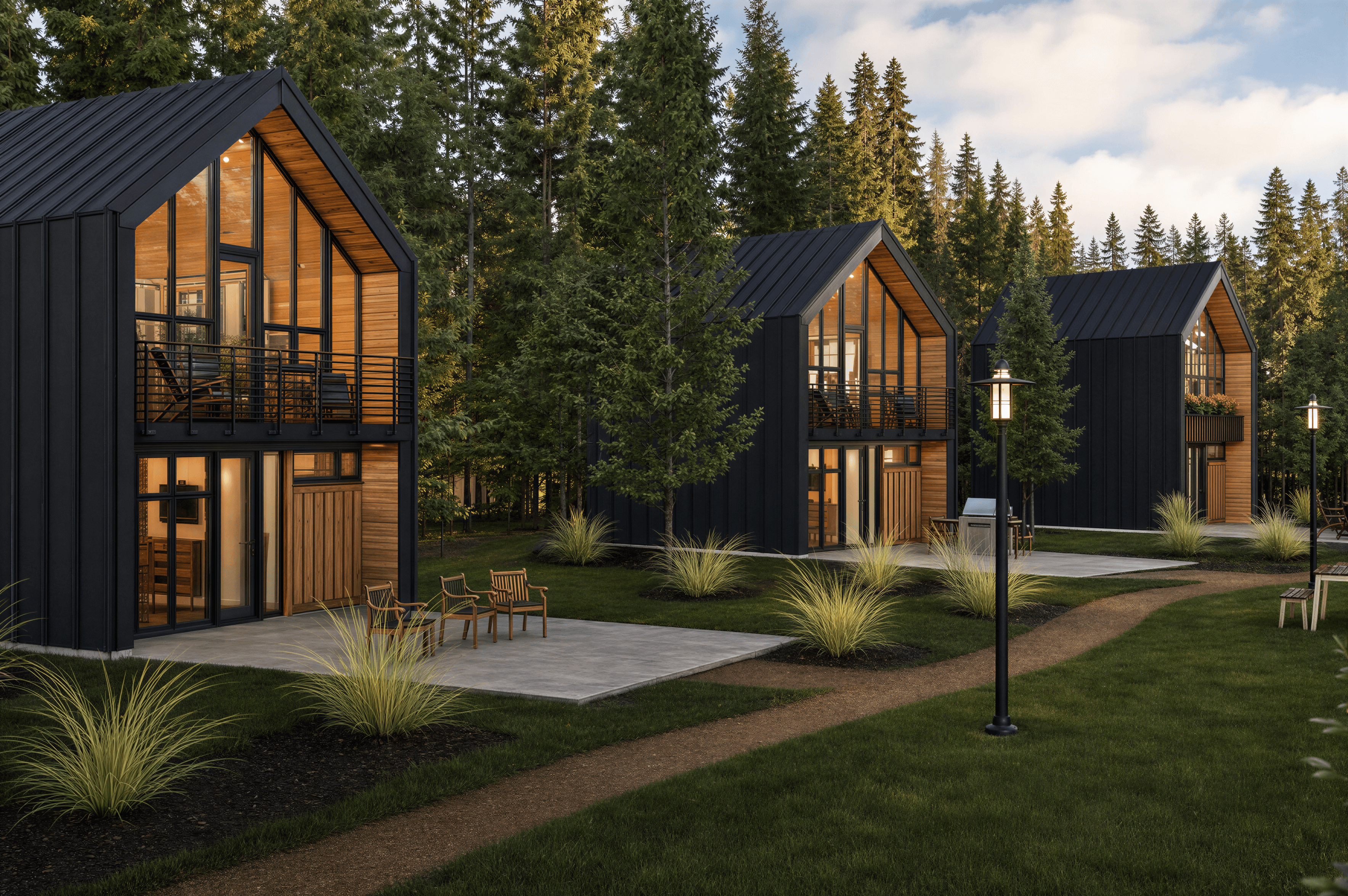 Photorealistic exterior render under golden hour light with long warm shadows