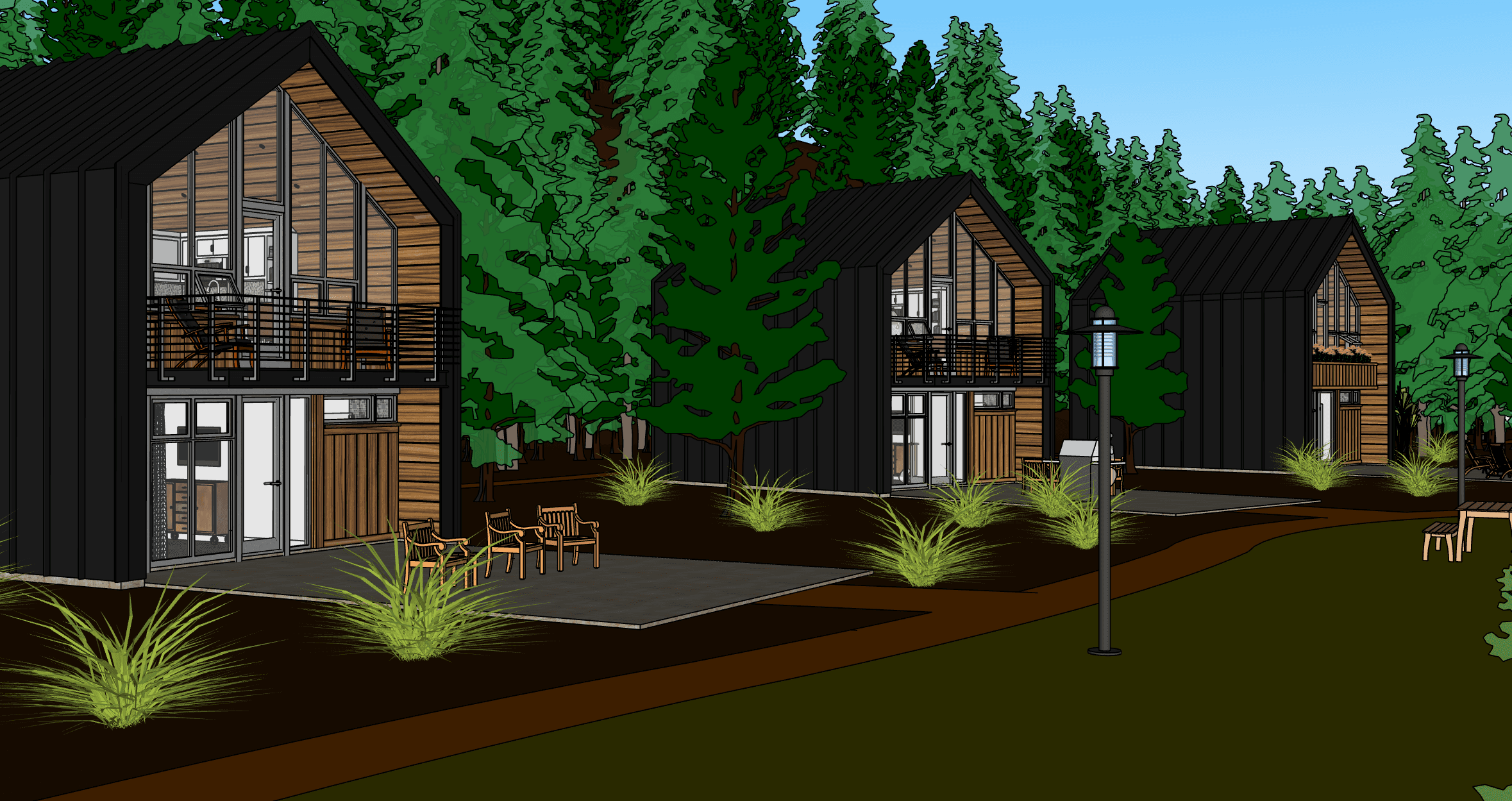Raw 3D model screenshot of a modern cabin exterior, used as the source for the AI render