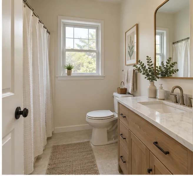 Warm modern cosmetic bathroom redesign concept