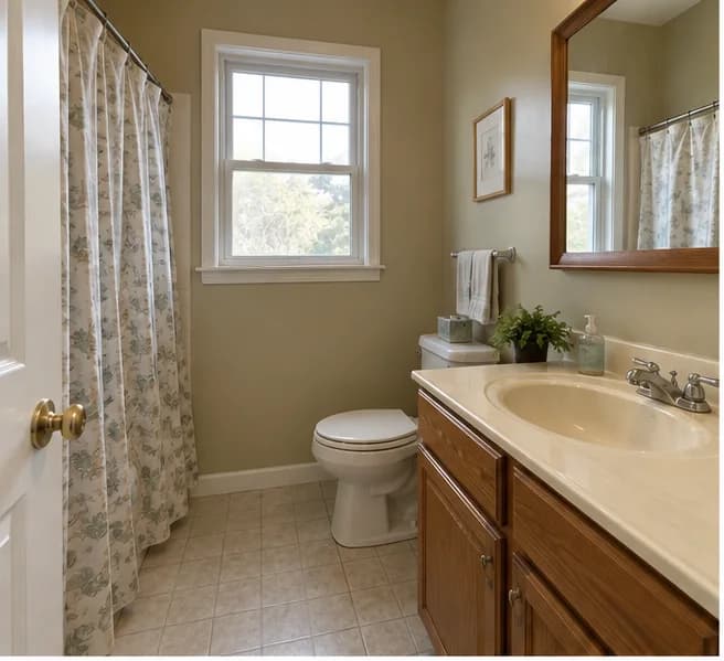 Compact dated bathroom before an illustrative AI redesign