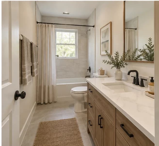 Calm spa-like narrow bathroom design concept