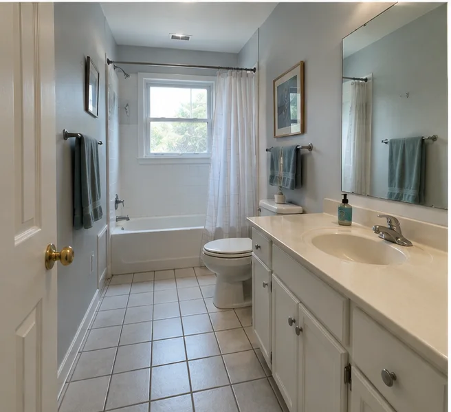 Narrow blue bathroom before an illustrative AI redesign