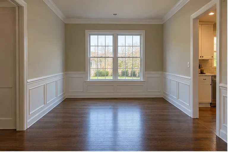 Empty dedicated dining room before an illustrative AI redesign