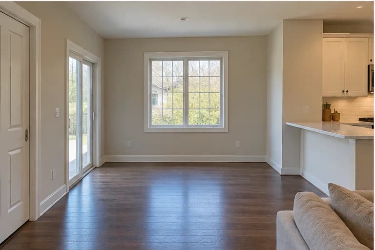 Empty open-plan dining area before an illustrative AI redesign