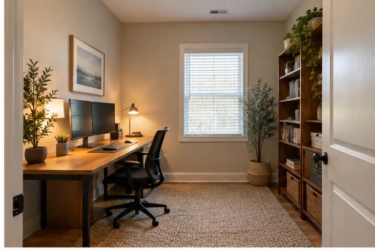Warm modern dedicated home-office design concept