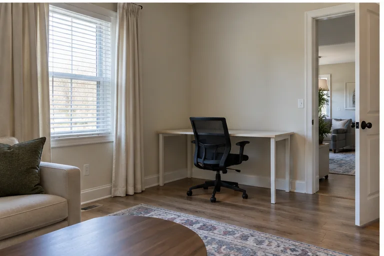 Small home-office corner before an illustrative AI redesign